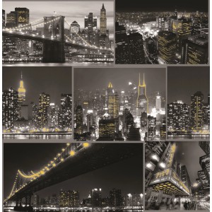 Papiertapete Fresco mit New York Stadtansichten bei Nacht in Schwarz-Weiß mit gelben Akzenten.
