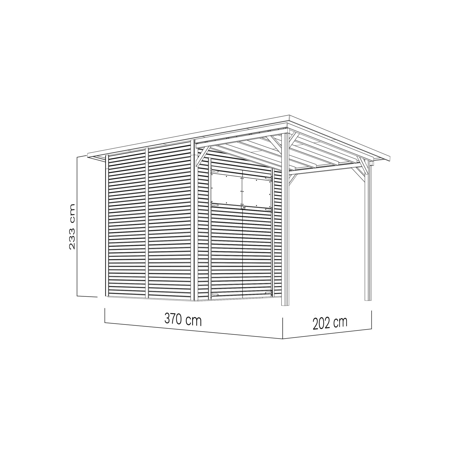 Skizze: Bertilo Gerätehaus Pent Modern 3 Plus, natur, 371x202 cm, Weekendhaus mit Rhombusprofil.