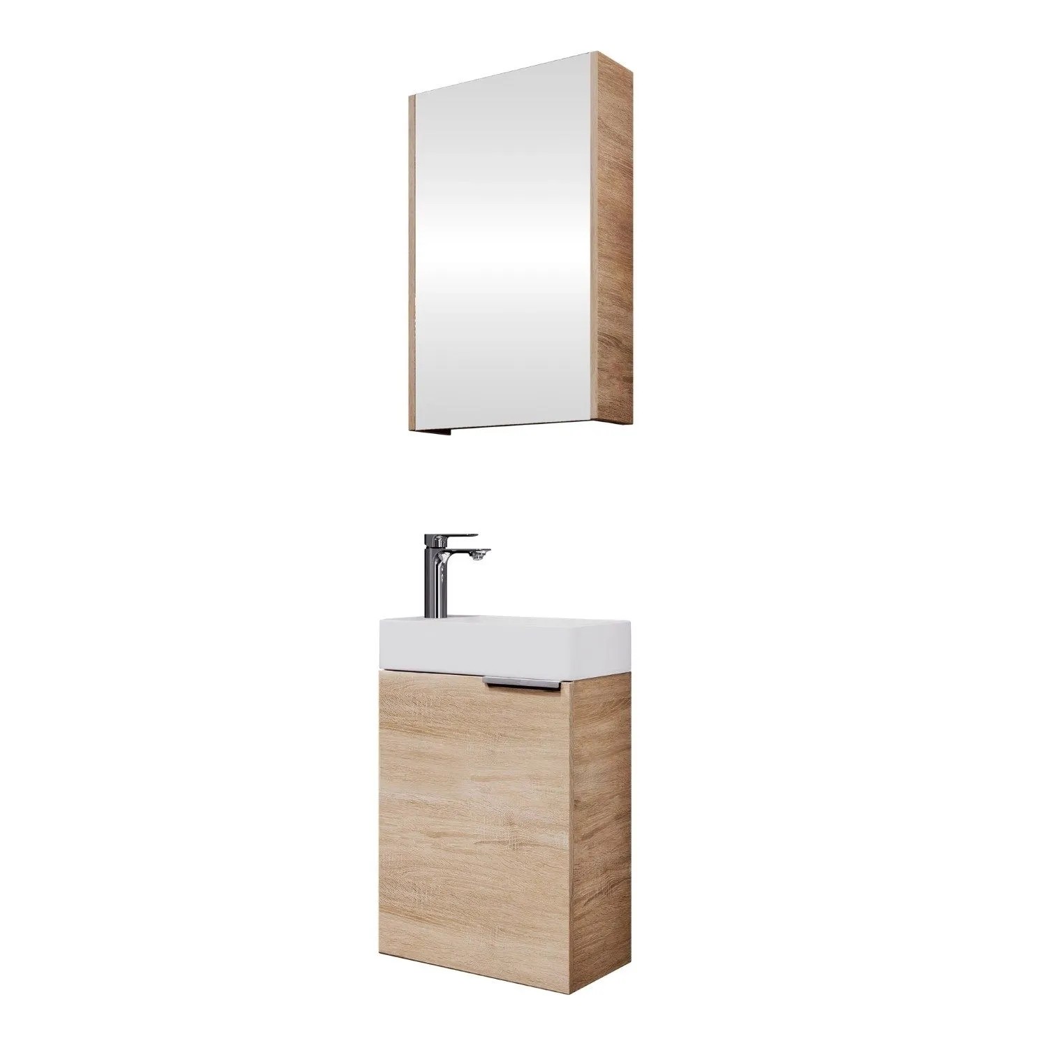 Planetmöbel Badmöbel Set 40 cm Sonoma Eiche mit Keramikwaschbecken Spiegelschrank Soft Close