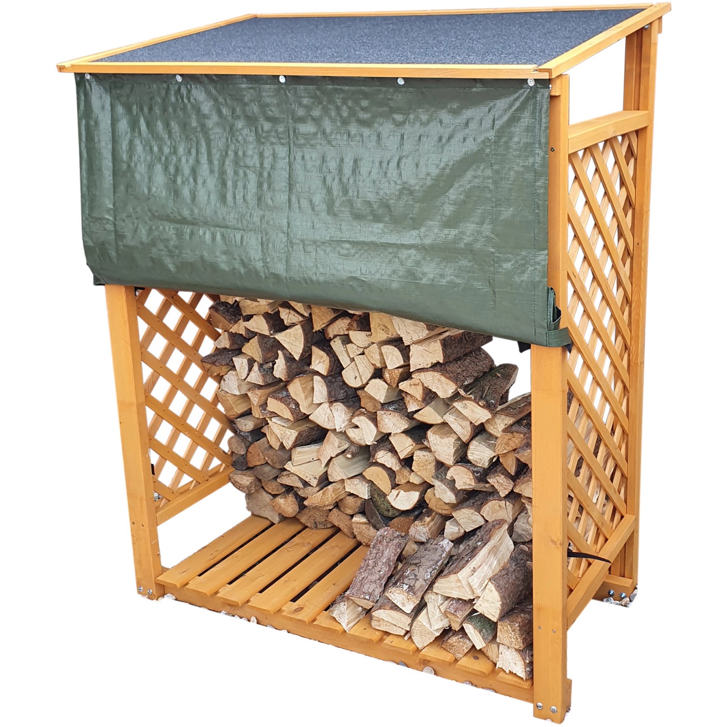 Honigbraunes Kaminholzregal Speyer mit Wetterschutz und gefülltem Holzfach.