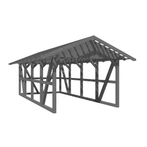 Grauer Skan Holz Carport Schwarzwald mit Dachlattung und Rückwand, Fachwerkbauweise.