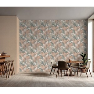 Erismann Vliestapete Forest Dreams mit braunen Monstera Blättern im Wohnraum.