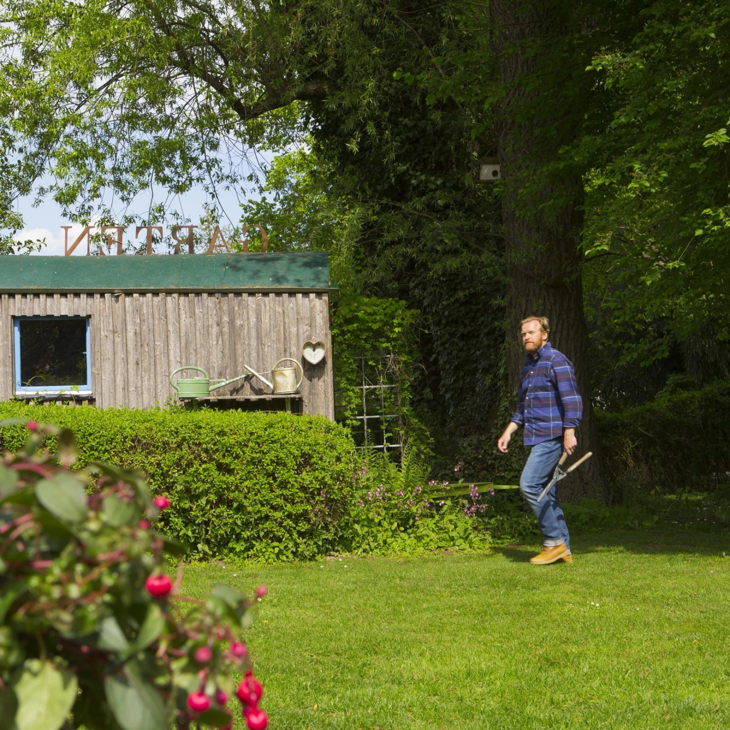 Mann mit Gardena Heckenschere NatureCut im Garten vor Gartenhaus.