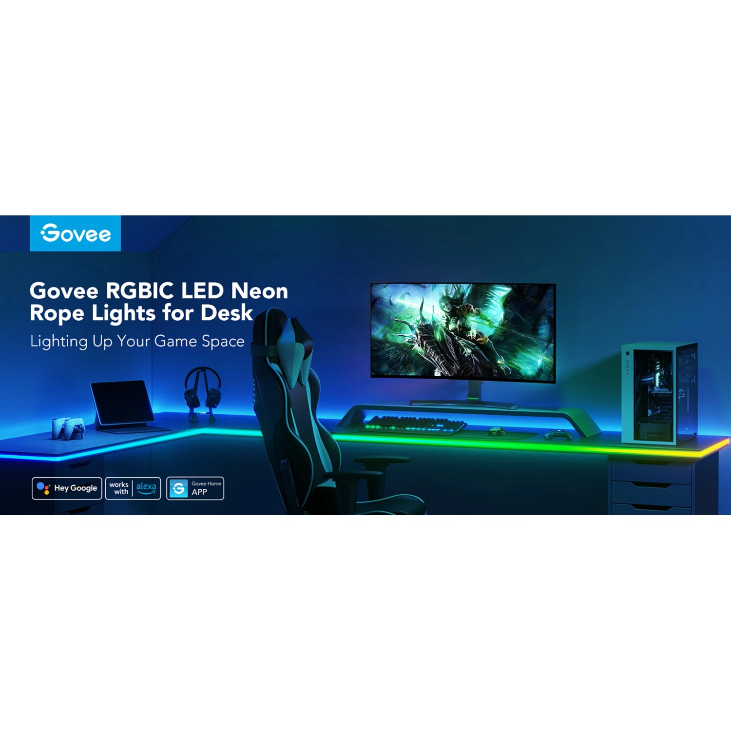 Govee LED Neon Seilzugleuchten H61C3 für Tische, angebracht an einem Gaming-Schreibtisch.