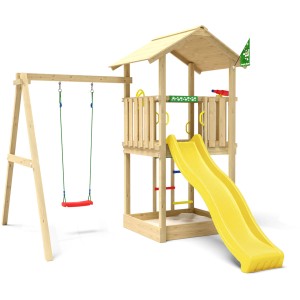 Jungle Gym Spielturm Beacon mit gelber Rutsche und Schaukel aus Holz.