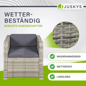 Juskys Sessel der Gartenmöbel Lounge Punta Cana, grau meliert, mit dunklen Kissen.