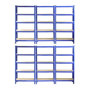 6 blaue Monstershop T-Rax Lagerregale, je 75cm breit, mit MDF-Böden und Gummihammer.