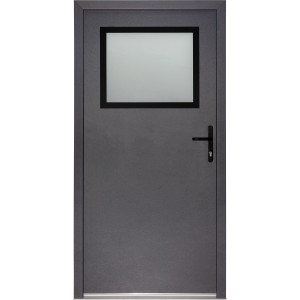 Anthrazitfarbene Stahl-Nebeneingangstür mit Fenster, nach innen öffnend, Anschlag rechts.