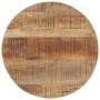 Runde Tischplatte aus rohem Mangoholz mit natürlicher Maserung und warmer Holzfarbe für Beistelltische.