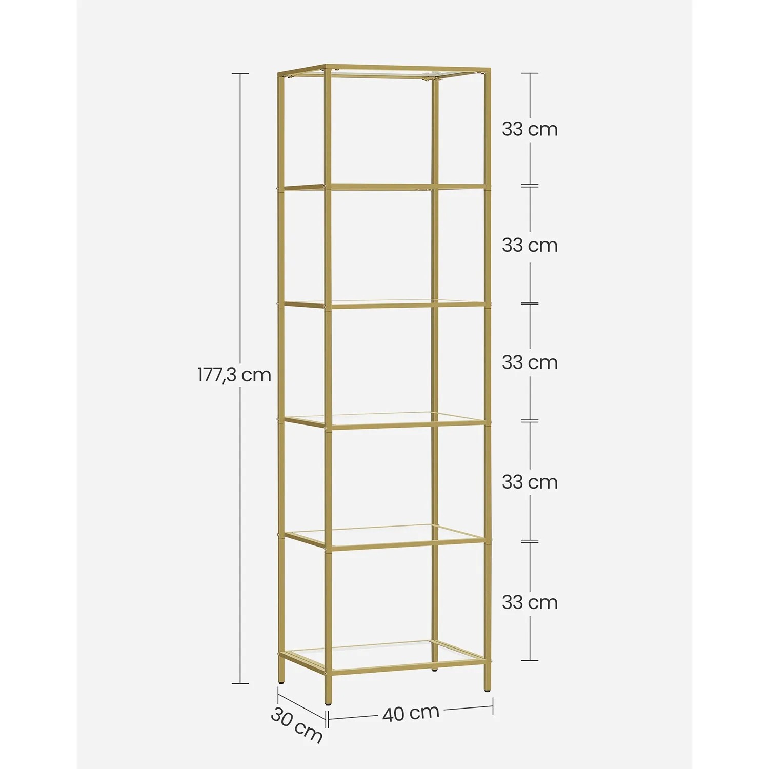 Vasagle Glasregal mit 6 Ablagen, goldfarbenem Rahmen, 30x40x177cm, für Wohnzimmer und mehr.