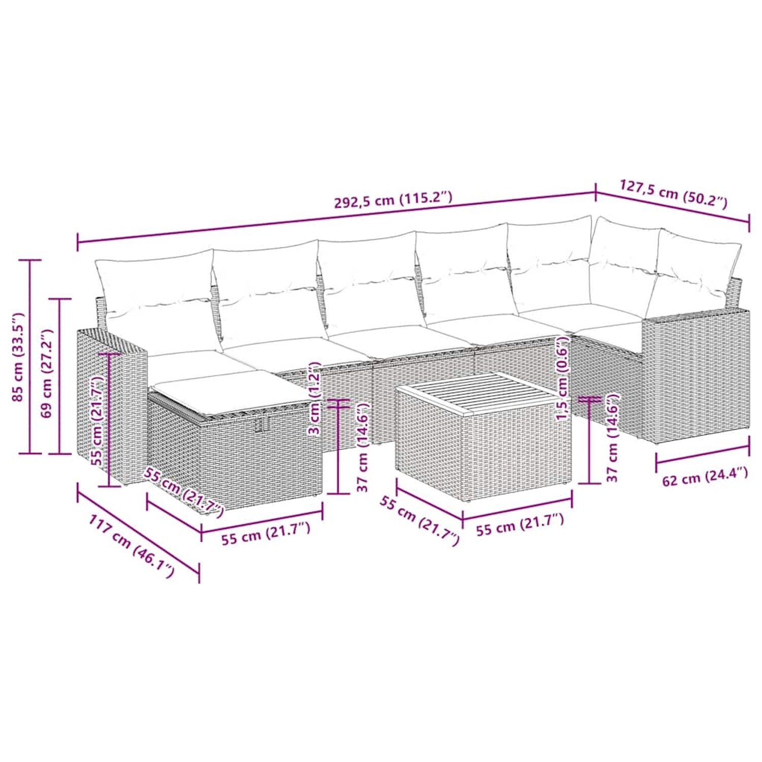 vidaXL 8-tlg. Garten-Sofagarnitur aus schwarzem Rattan mit Kissen, Maße eingezeichnet.