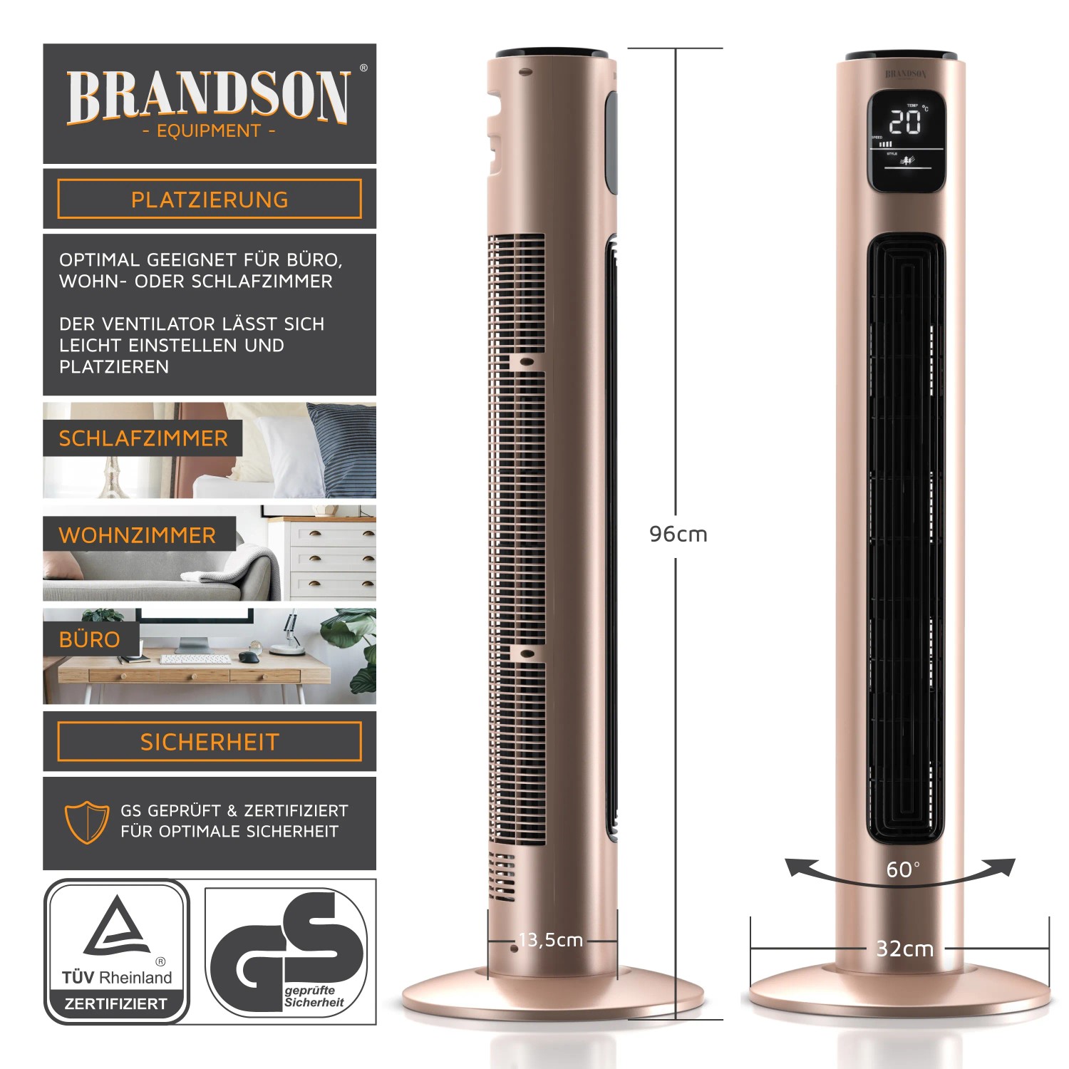 Brandson Turmventilator, 96cm, in Roségold mit Fernbedienung und Oszillation Funktion.