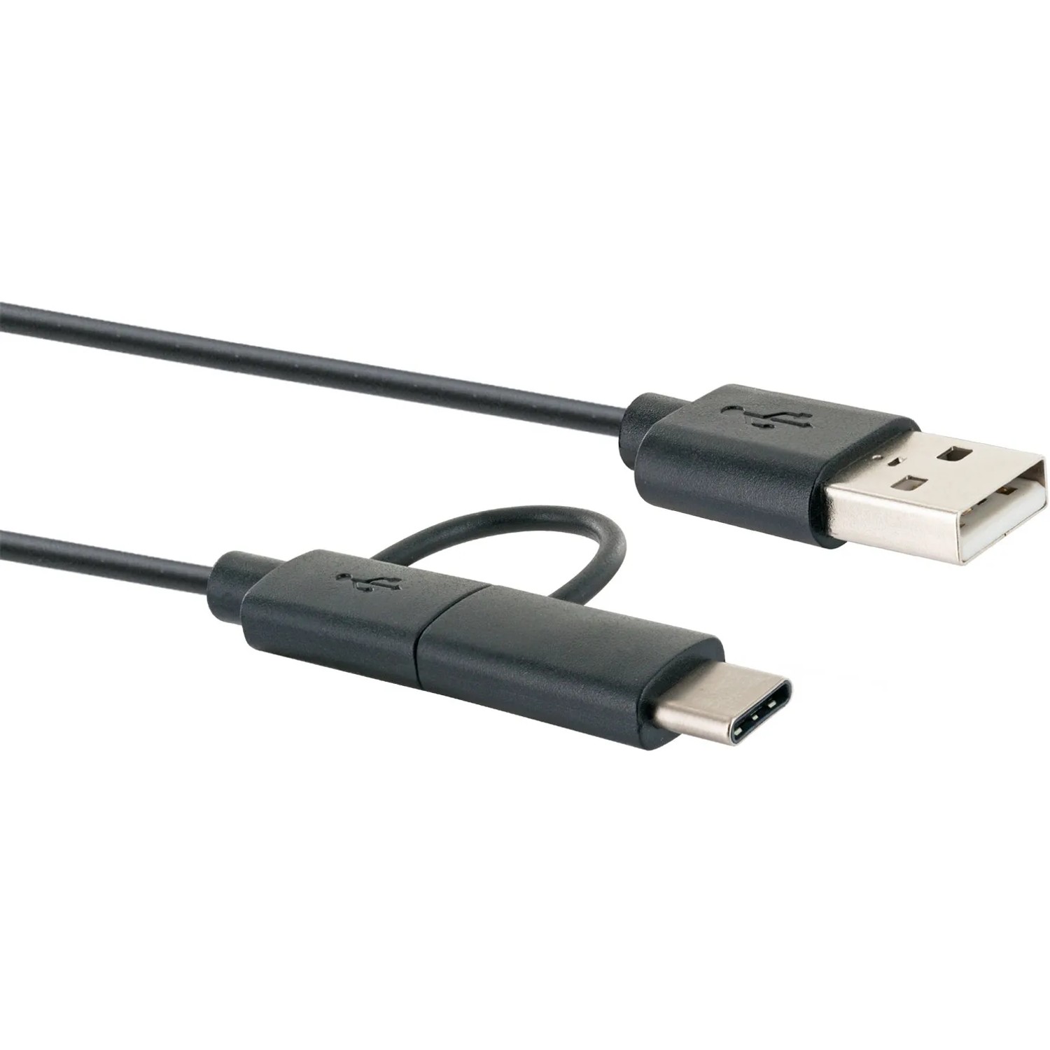 Schwarzes Schwaiger USB-Kabel: USB-C auf Micro-USB, 1m, zum Laden und Synchronisieren.