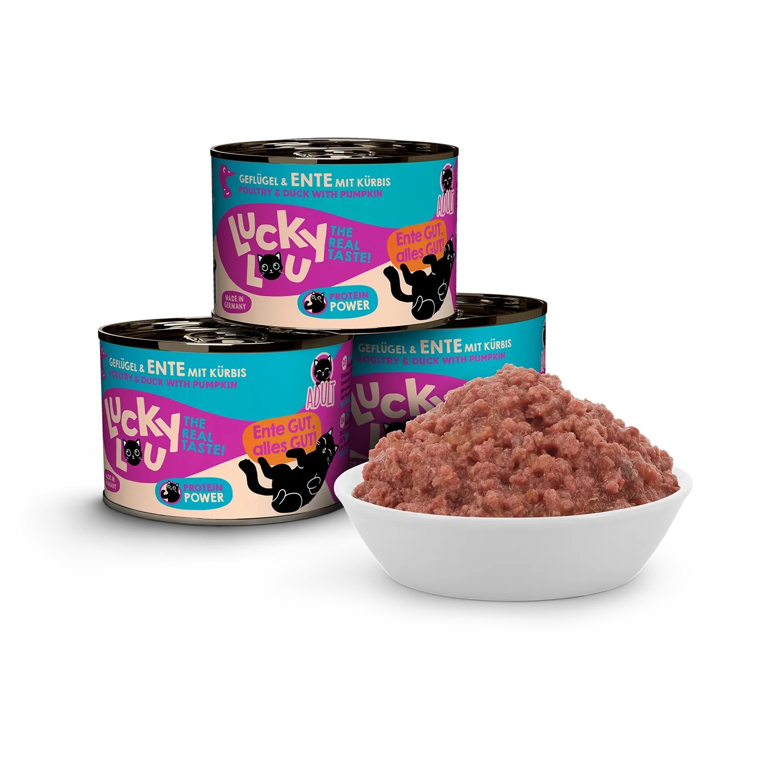 Lucky Lou Katzen-Nassfutter Adult Geflügel & Ente mit Kürbis, 200g Dosen und Schale mit Futter.