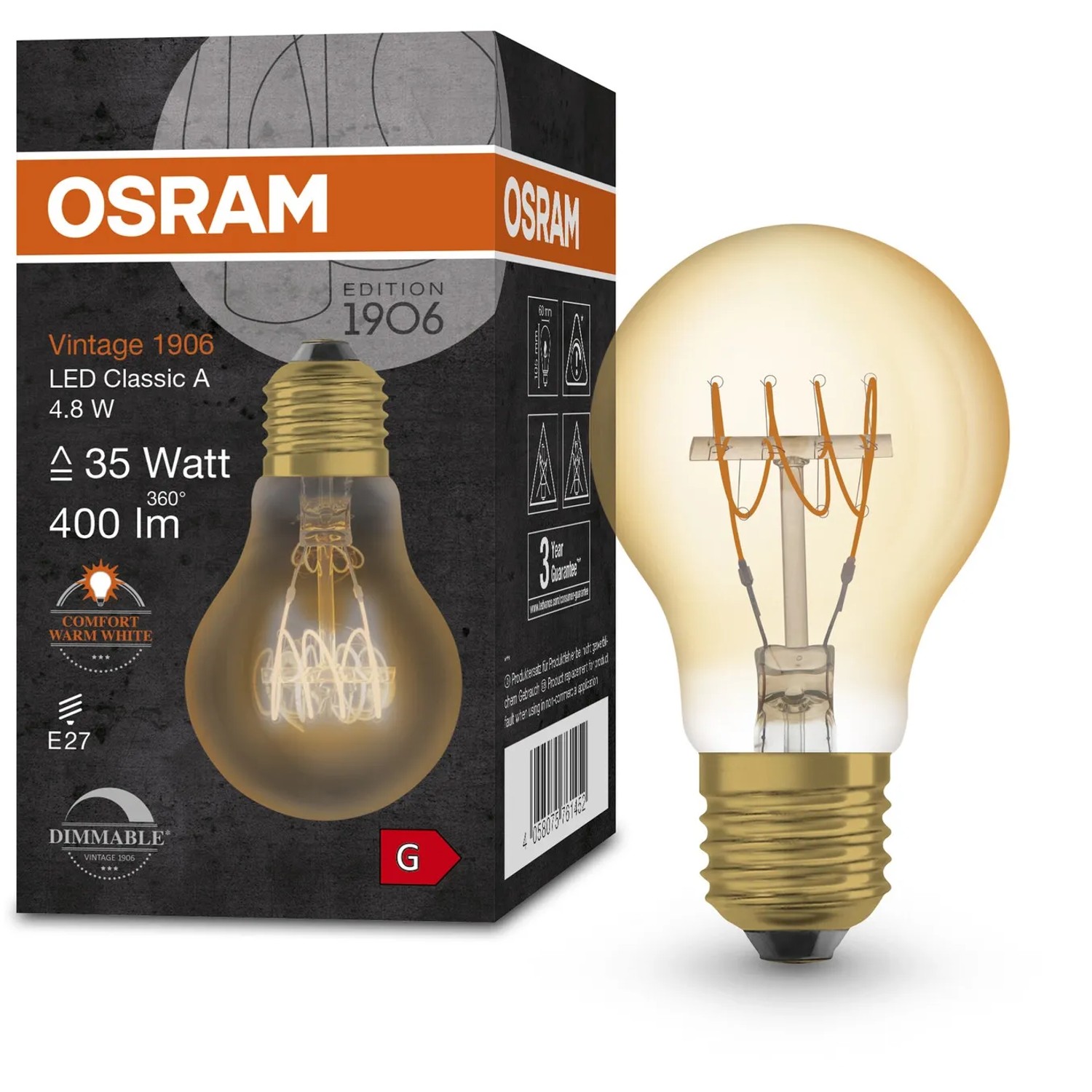 Osram LED-Lampe E27 in Glühlampenform, 4,8W, warmweiß, dimmbar. Detailaufnahme mit Verpackung.