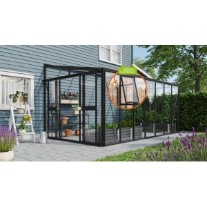 Schwarzes Vitavia Anlehngewächshaus Athena 11900 ESG/HKP mit geöffnetem Seitenfenster.
