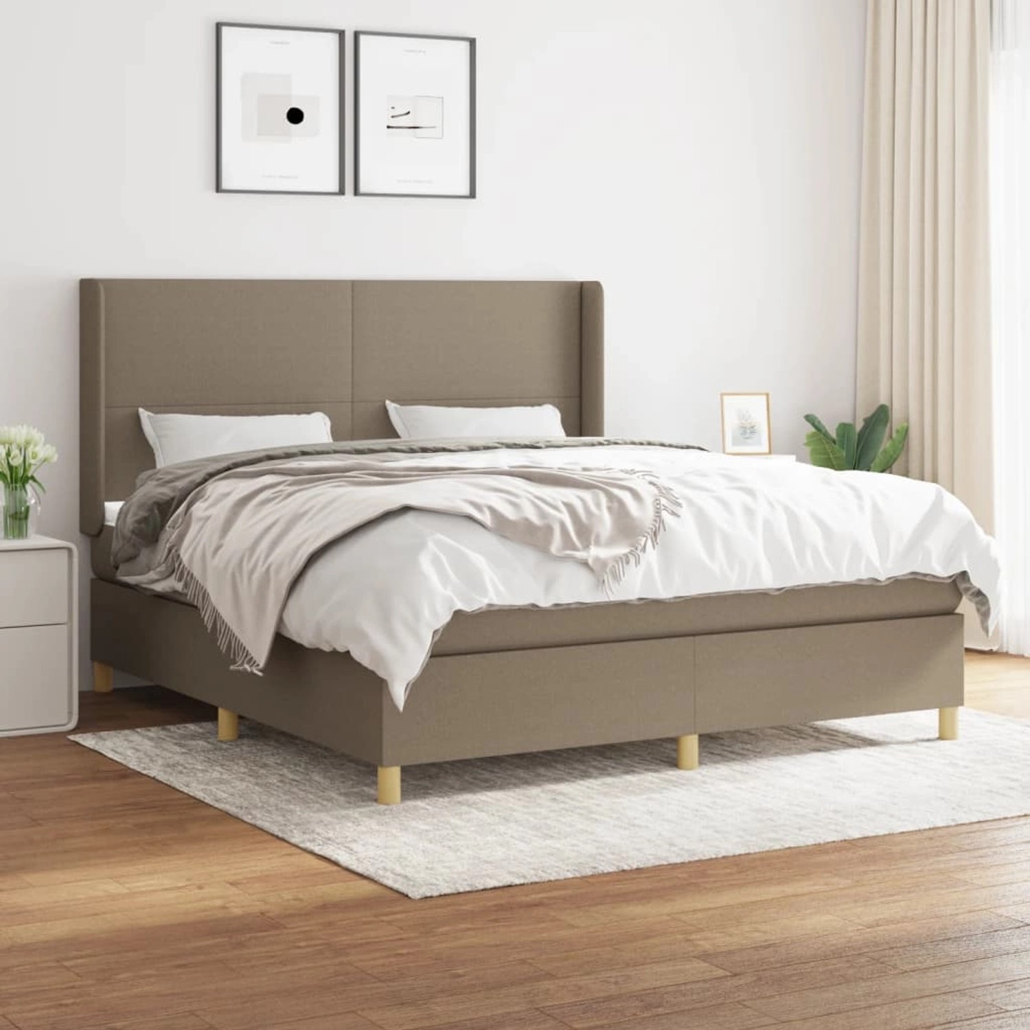 Boxspringbett Taupe (180x200 cm) mit Matratze und Kopfteil. Stoffbezug.