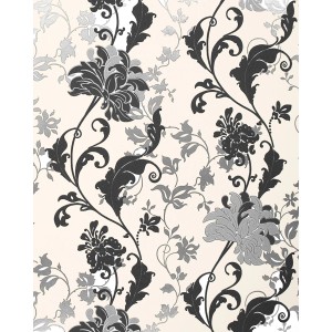 Edle florale Tapete in Schwarz, Weiß und Silber mit Blumenmuster für Wohnräume.