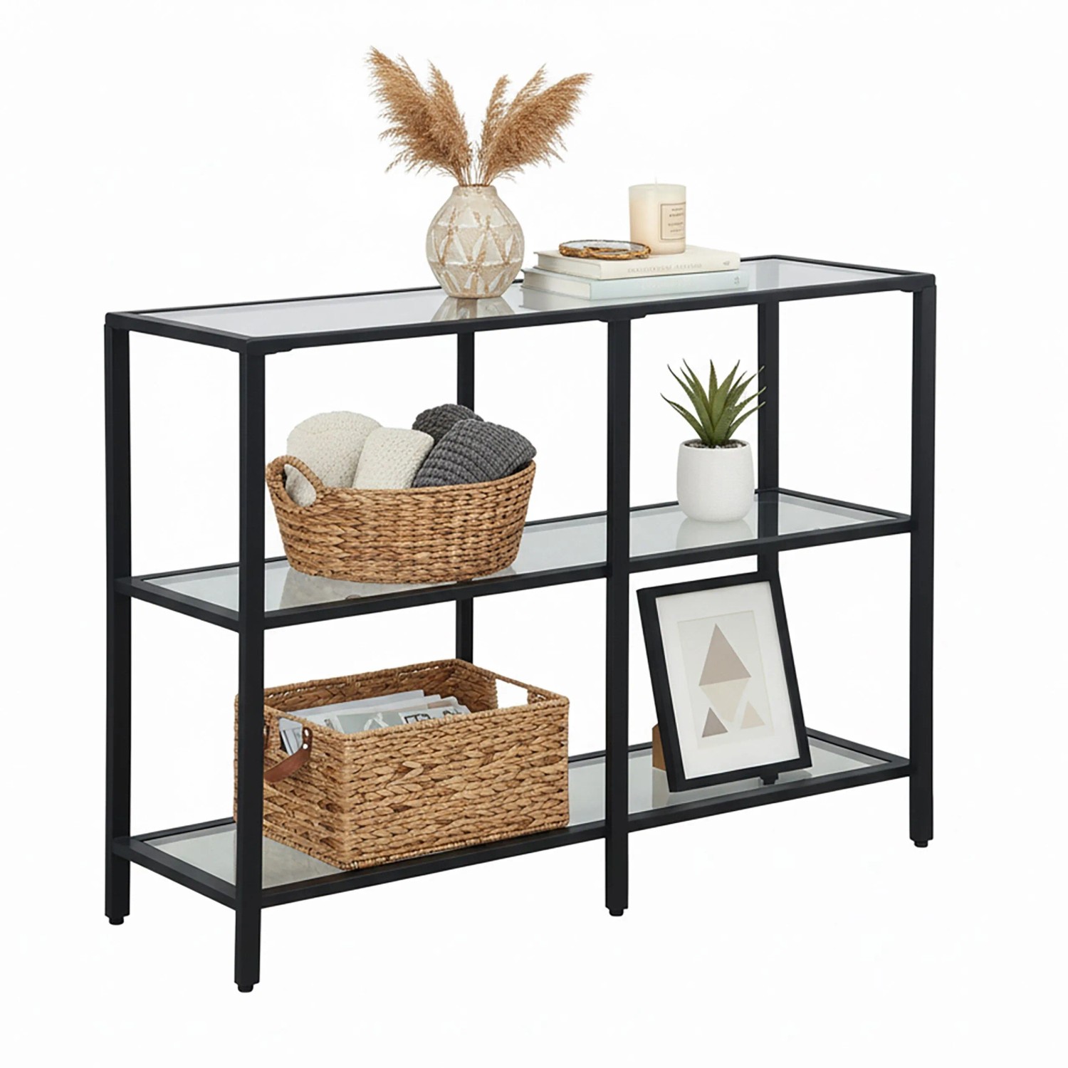 Relaxdays Konsolentisch Glas Metall Schwarz mit 3 Ablagen 73 cm x 100 cm x 30 cm 15,2 kg
