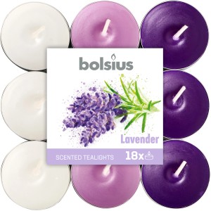Bolsius Duftteelichter Lavendel, 18er-Pack in Weiß, Lila und Dunkellila.