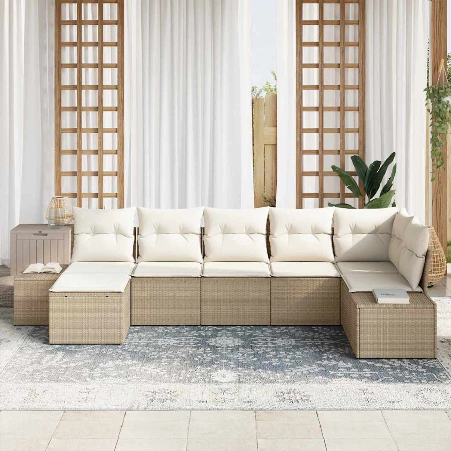 Beige 7-teilige vidaXL Garten-Sofagarnitur aus Rattan mit Kissen für Terrasse und Garten.