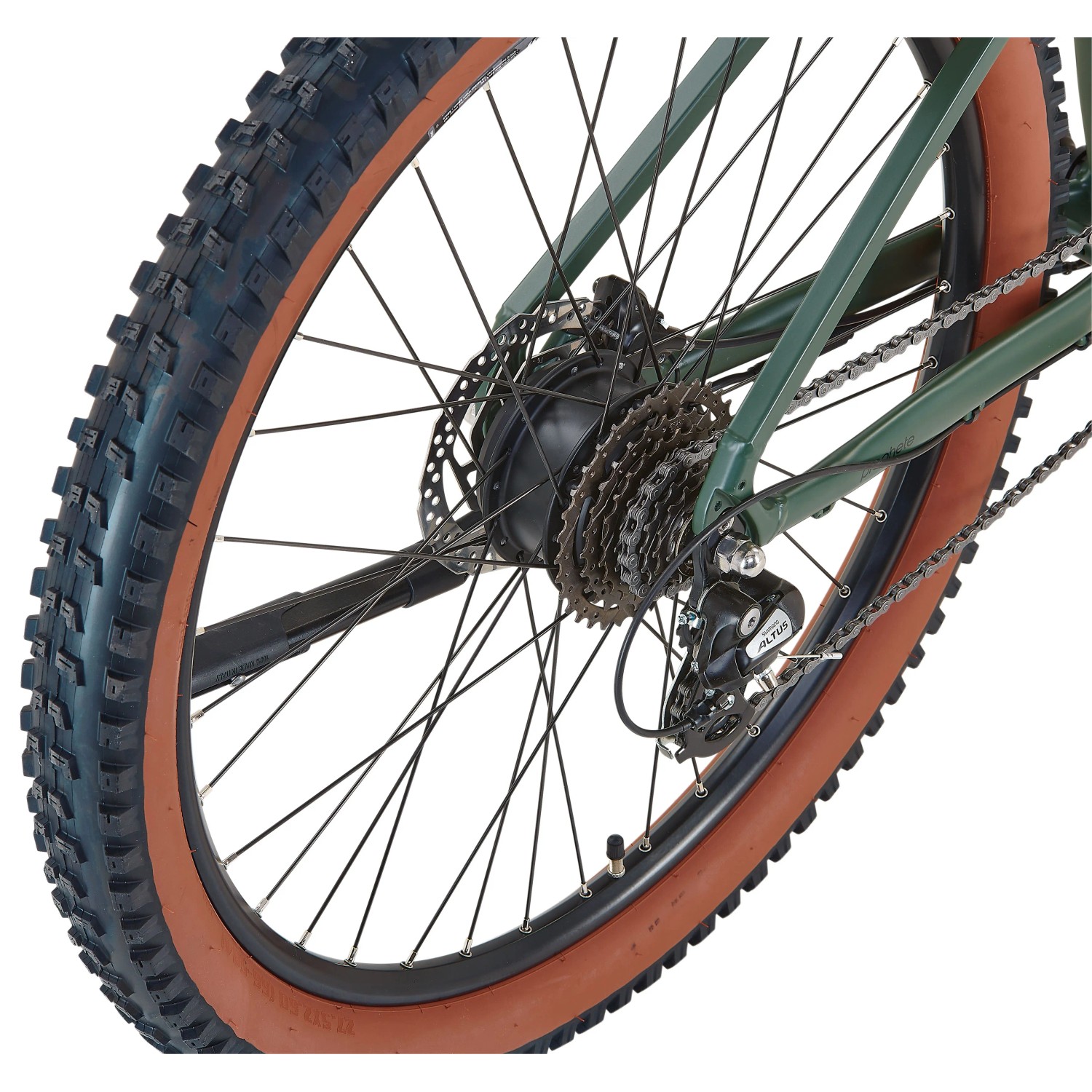 Detailaufnahme Hinterrad Prophete E-Bike MTB Dice 1.0, bronze-grün matt, mit Shimano Altus Schaltung.