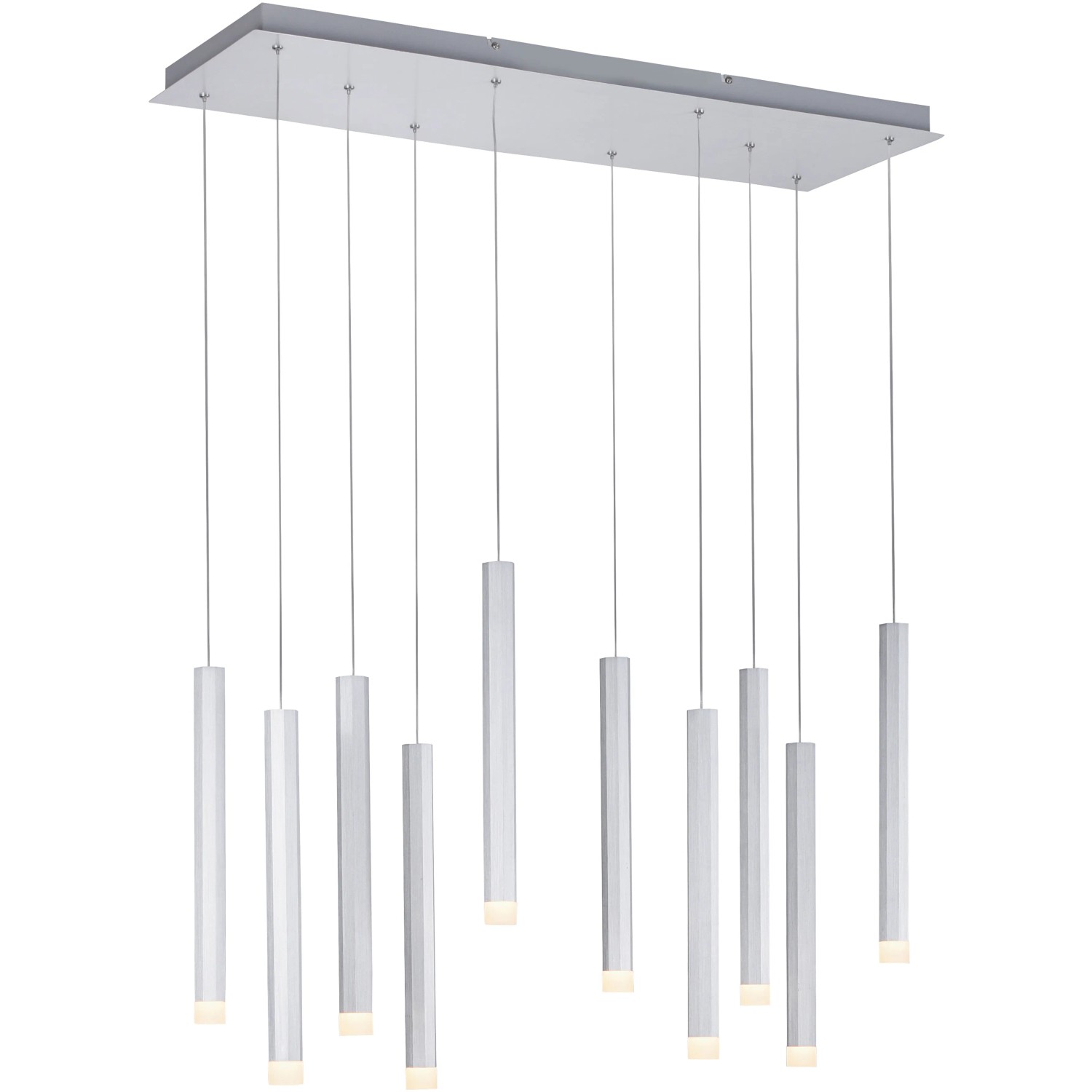 Moderne LED-Pendelleuchte Bruno mit 10 Aluminium-Leuchten, höhenverstellbar.