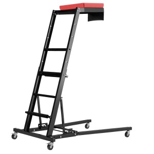 Costway Werkstatthocker mit Leiter, höhenverstellbar, mit roter Sitzfläche und Rollen.