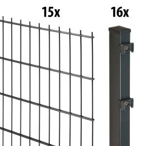 Anthrazit Doppelstabmattenzaun-Set: Nahaufnahme von Zaunmatte (15x) und Zaunpfosten (16x) für Gartenzäune.