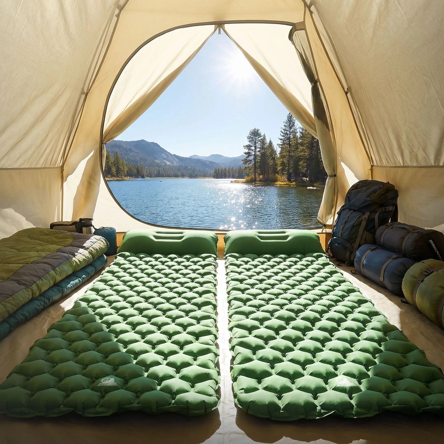 Grüne ECD Germany Isomatte (185x62x15 cm) aus Nylon im Zelt beim Camping.