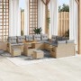 Beiges 13-teiliges vidaXL Garten-Sofa-Set aus Poly Rattan mit Tisch und Hockern.