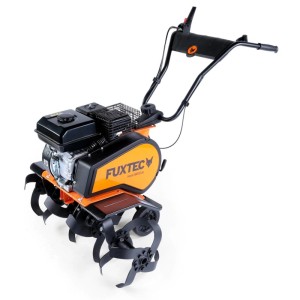 Orange-schwarze FUXTEC FX-AF1212 Benzin-Ackerfräse mit 212cc 4-Takt-Motor, 85cm Arbeitsbreite für Bodenbearbeitung.