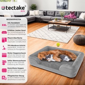 Graues Tectake Hundebett Kimba XL mit Hund und Katze im Wohnzimmer.