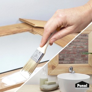 Auftragen von wasserfestem Ponal Holzleim mit Pinsel auf Holz für Bad- oder Küchenmöbel.