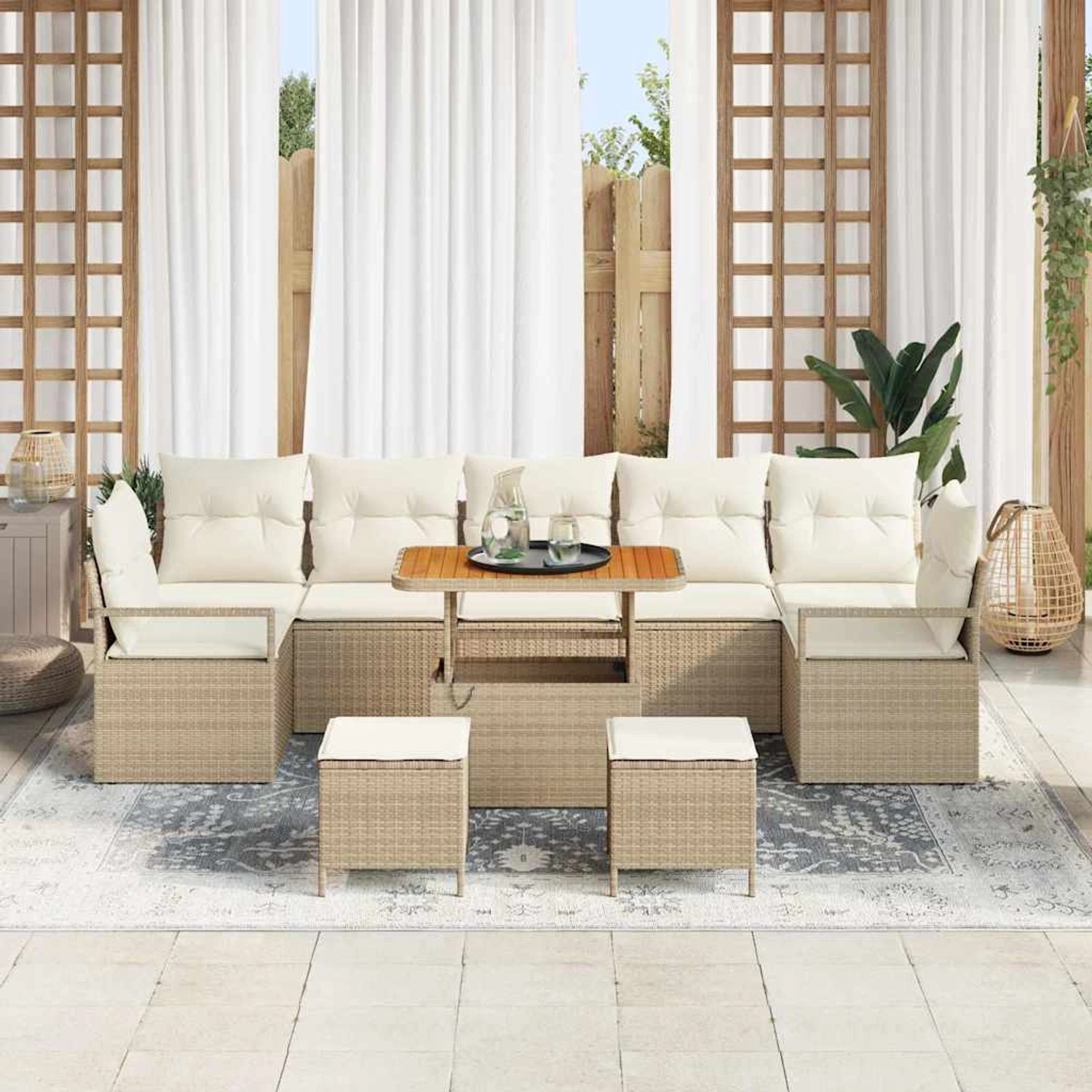 Beiges 10-teiliges vidaXL Garten-Sofa-Set aus Poly Rattan mit Tisch und Hockern.