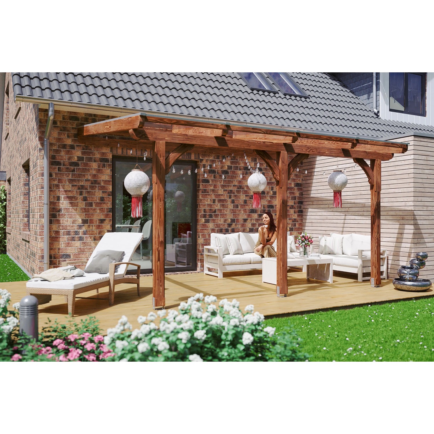 Skan Holz Terrassenüberdachung Rimini 434 x 350 cm Douglasie Nussbaum