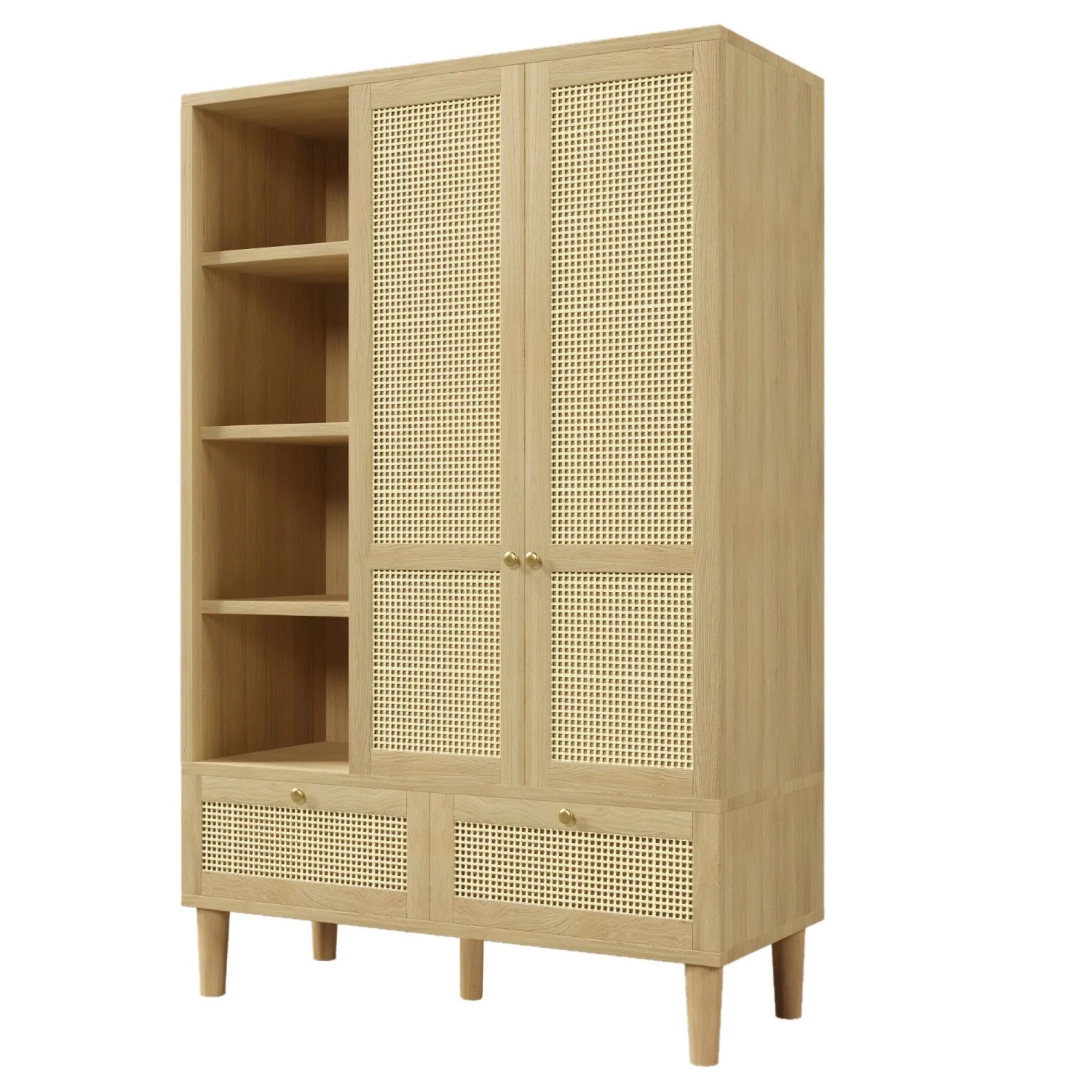 okwish Garderobenschrank mit Rattan Türen Kleiderstange Schlafzimmer 120x50x180cm Natur