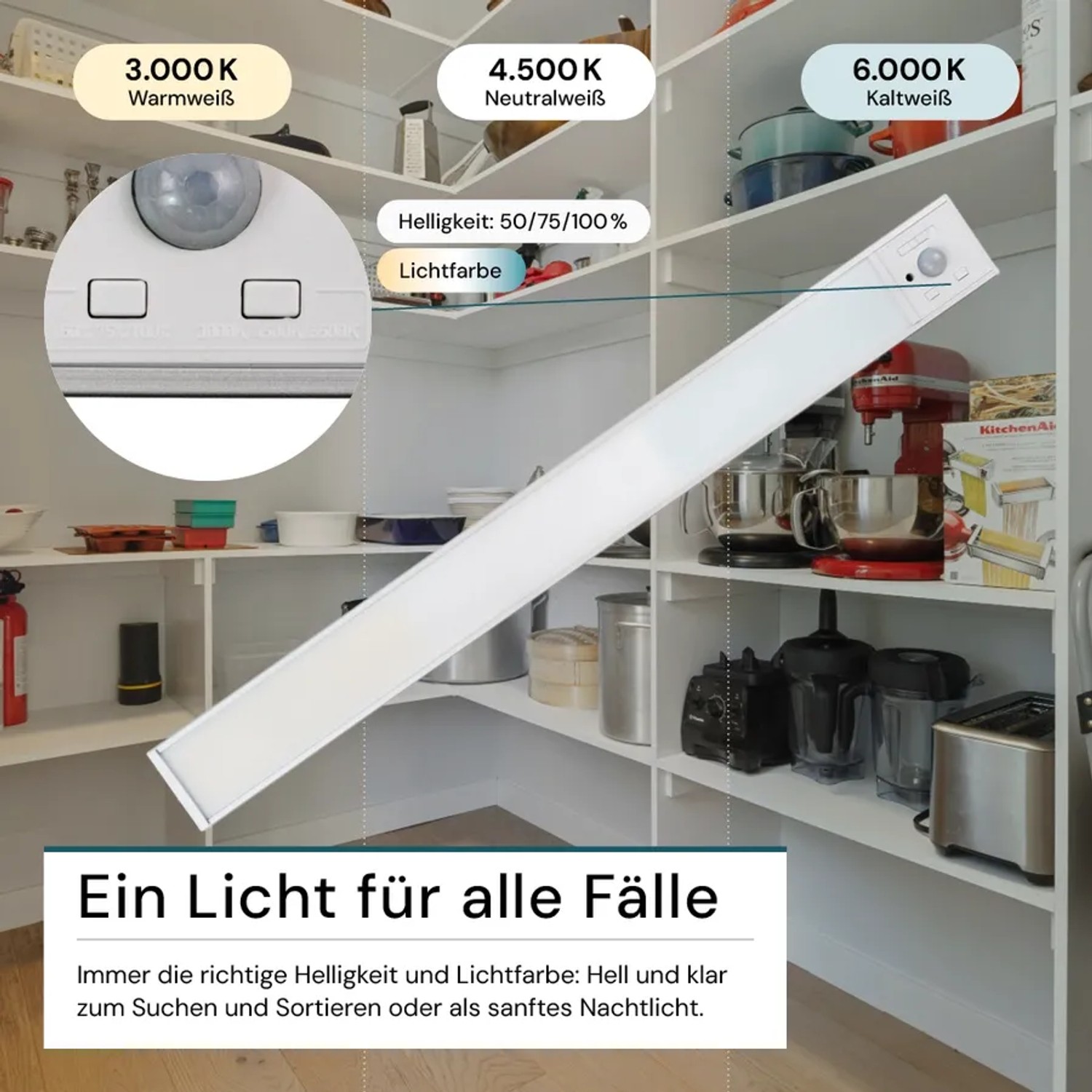 LUXULA LED Unterbauleuchte, silber, 40cm, mit Akku, CCT, dimmbar, magnetisch, für Schränke und Küche.
