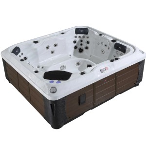 Canadian Spa Whirlpool Alberta für 6 Personen, 240x216x93cm, mit Holzverkleidung und weißer Innenwanne.