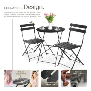 Schwarzes Tectake Bistrotisch Set Frieda, klappbar, für 2 Personen. Gartenmöbel im Retro-Look.