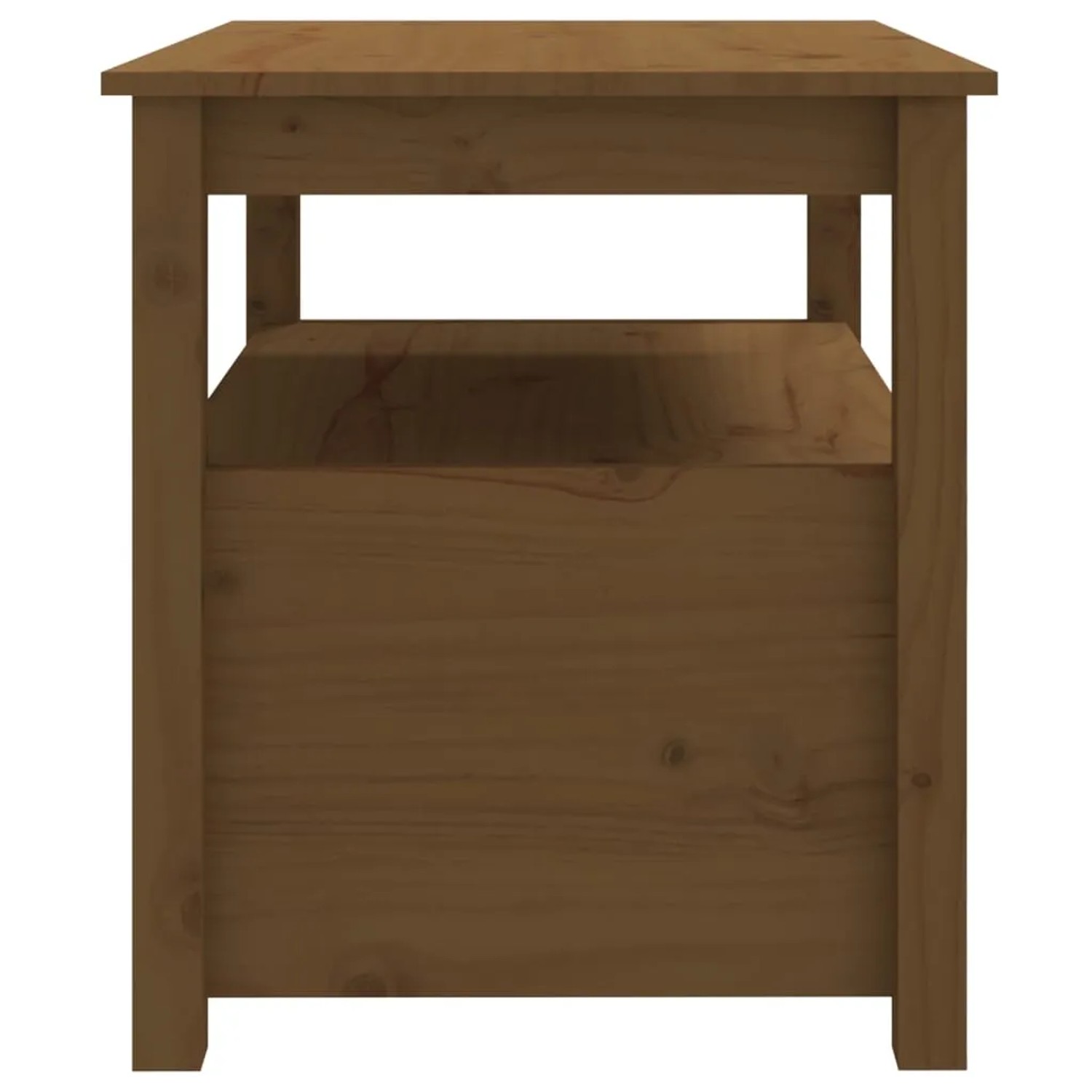 Couchtisch Honigbraun aus Kiefernholz mit Schubladen und Ablage.