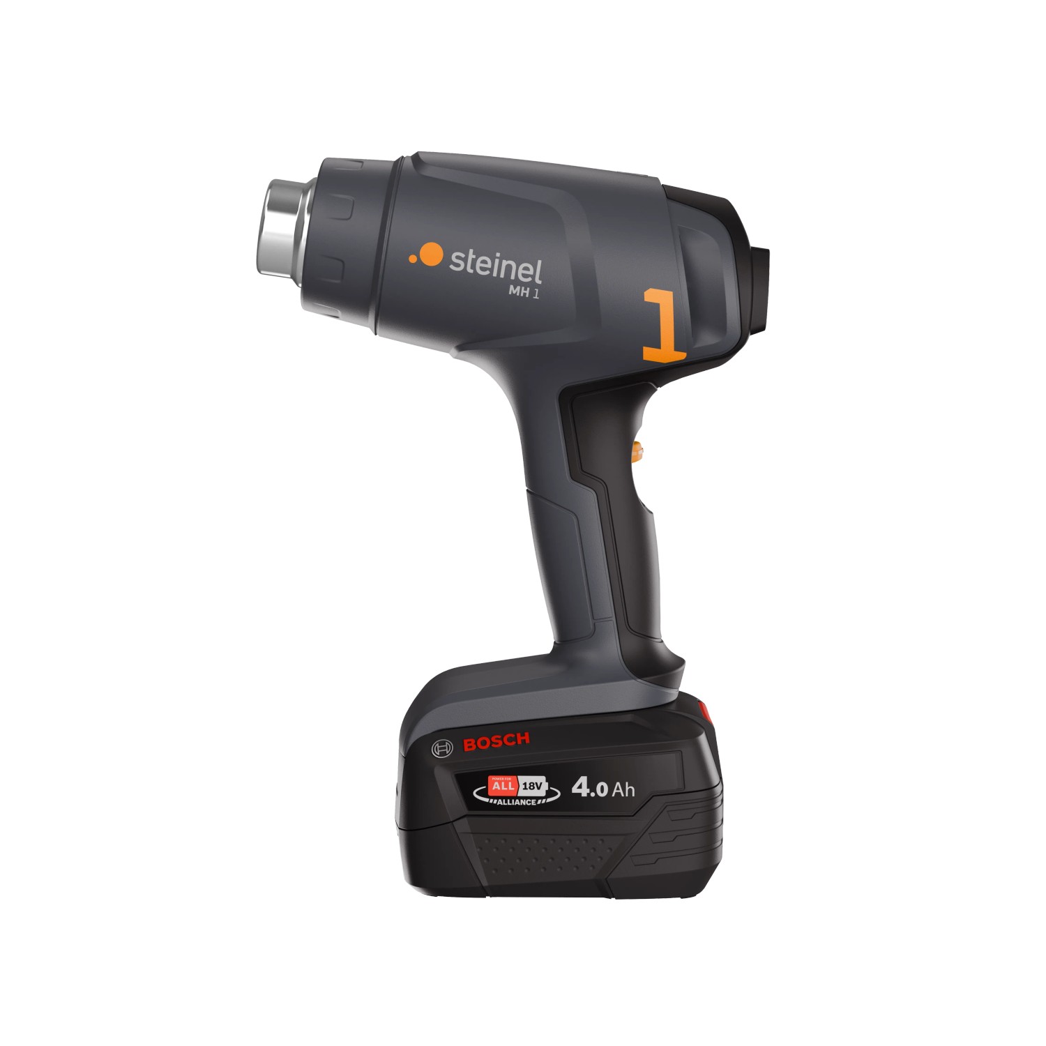 Steinel Akku-Heißluftgebläse MobileHeat 1 mit Akku und Ladegerät. Kabelloses Heißluftgerät in Grau und Schwarz.