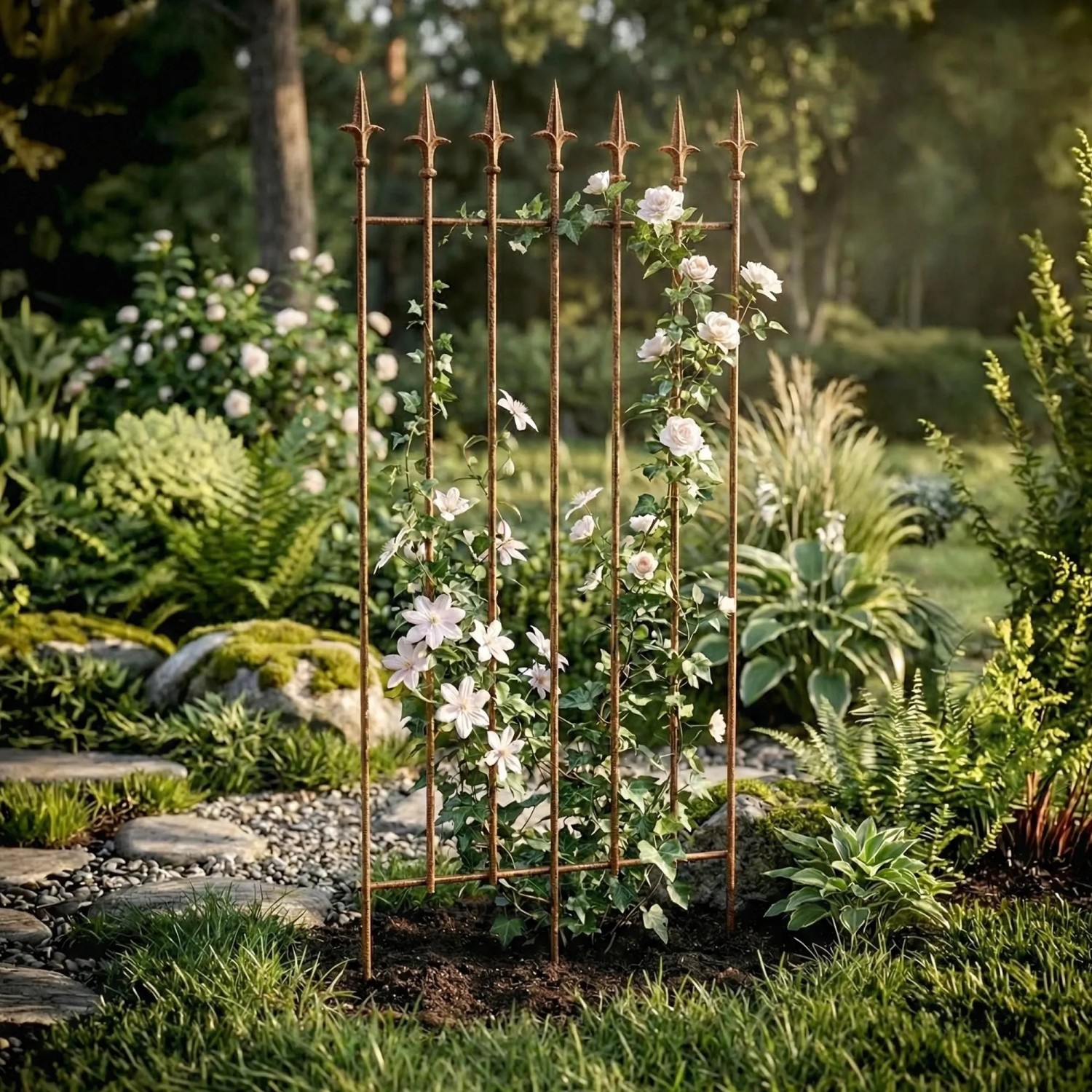 Antik-braunes DELUKE Rankgitter FREYA aus Metall mit Rosen im Garten. Dekorative Rankhilfe für Kletterpflanzen.