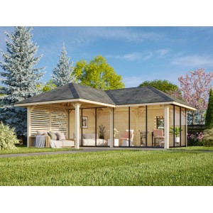 Palmako Pavillon Bianca Set, 588x588 cm, weiß lackiert. Weekendhaus mit Schiebetüren und Sichtschutzzaun.