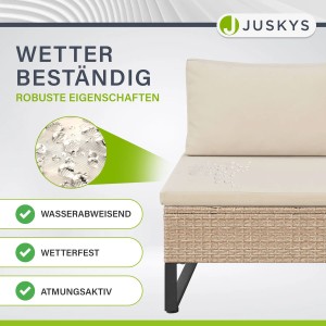 Detailaufnahme: Wetterfeste Juskys Polyrattan Lounge Santorini in Creme mit sandfarbenen Polstern.