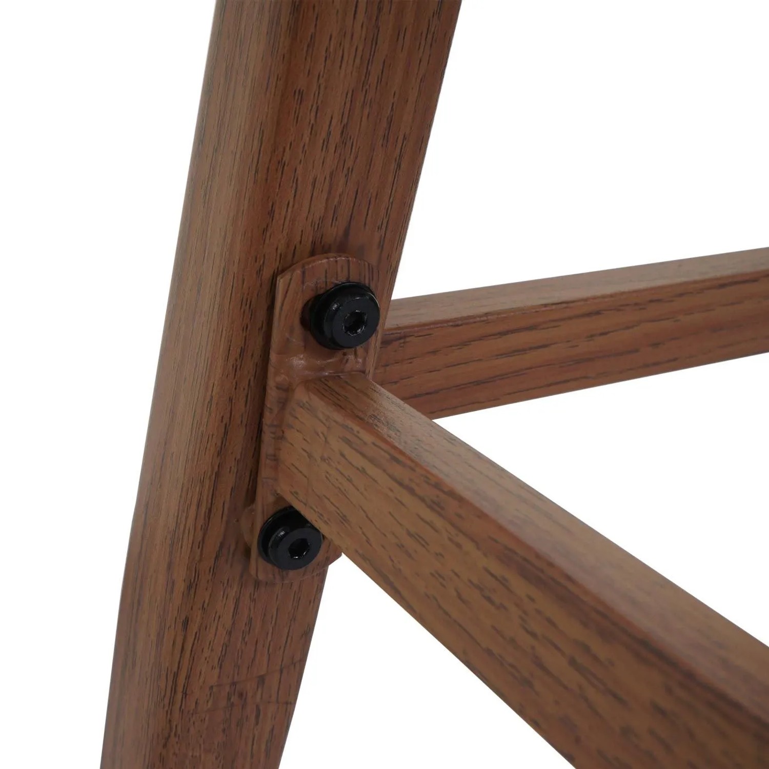 Nahaufnahme des braunen Barhocker-Stahlgestells in Holz-Optik mit schwarzer Schraubverbindung. Robust.