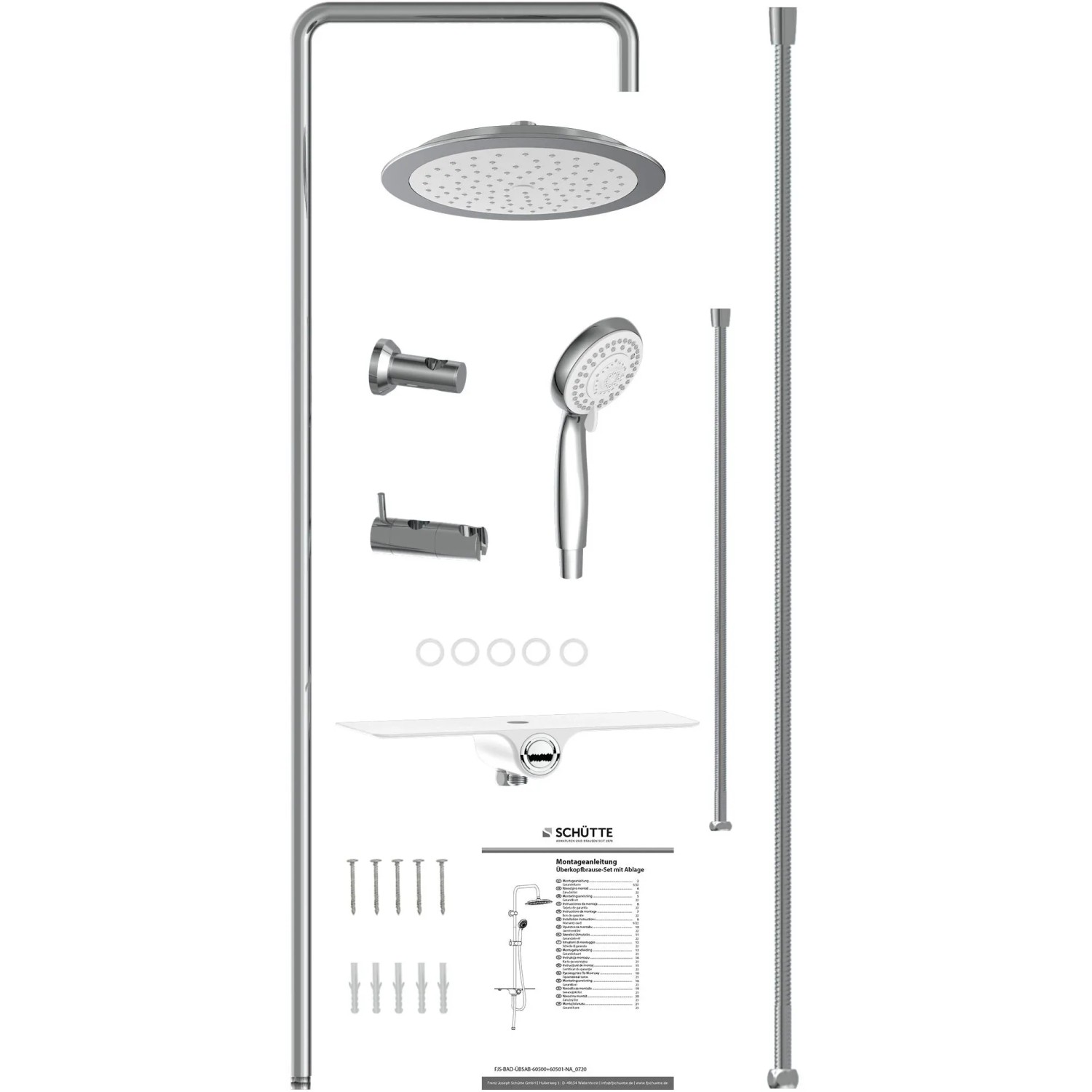 Schütte Aquastar Überkopf-Brauseset mit Kopf- und Handbrause, Ablage, Chrom/Weiß.