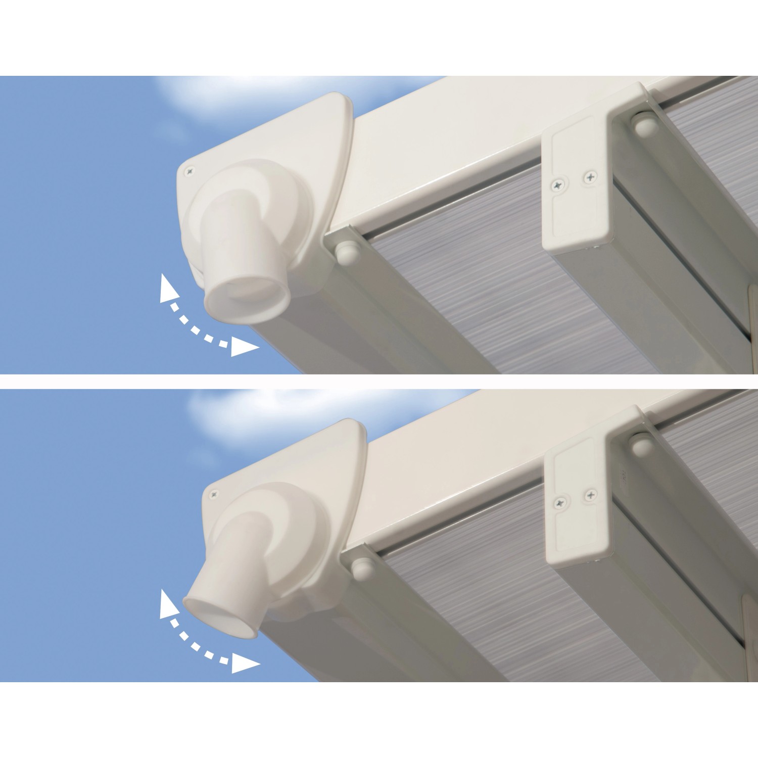 Detailaufnahme: Weiße Palram Canopia Terrassenüberdachung Feria mit verstellbarer Regenrinne.