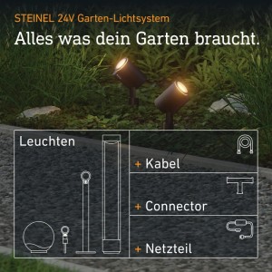 Steinel 24V Garten-Lichtsystem mit Strahlern, Leuchten, Kabeln, Verbindern und Netzteil. Modulare Außenbeleuchtung.