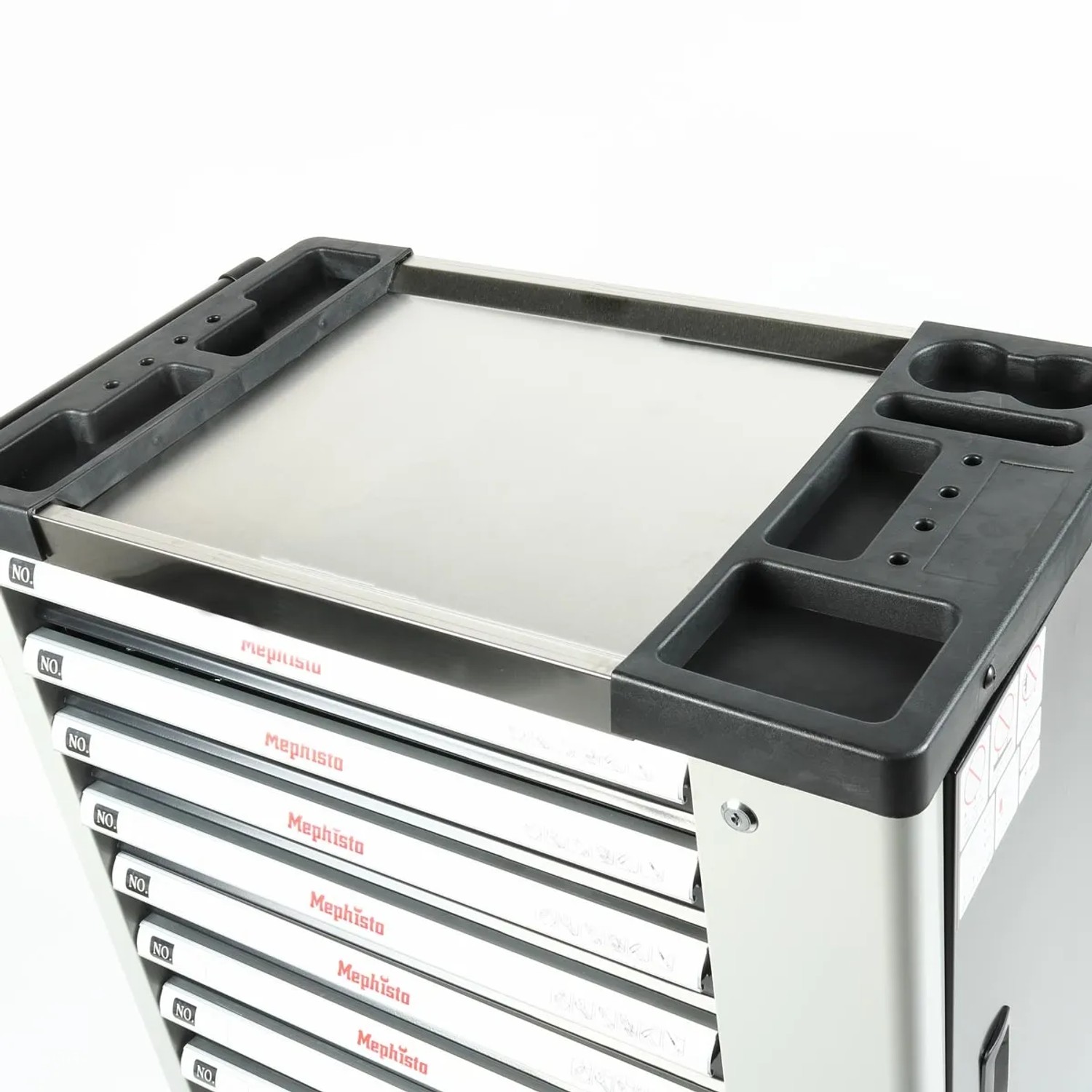 Mephisto Werkzeugwagen mit 8 Schubladen und Ringschlüssel-Set, Ablage aus Edelstahl.